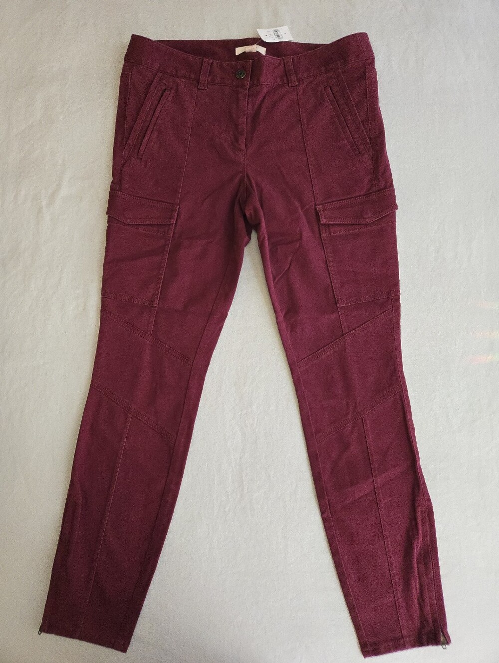 LOFT Burgundy Wine Skinny Stretch Mid Rise Cargo Pants Ankle Zip Fall EB4